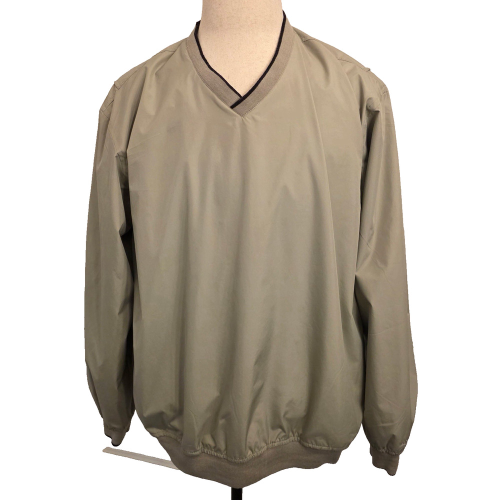 IZOD Men’s Windbreaker Large Pullover Beige Zipper Pockets V-Neck Golf